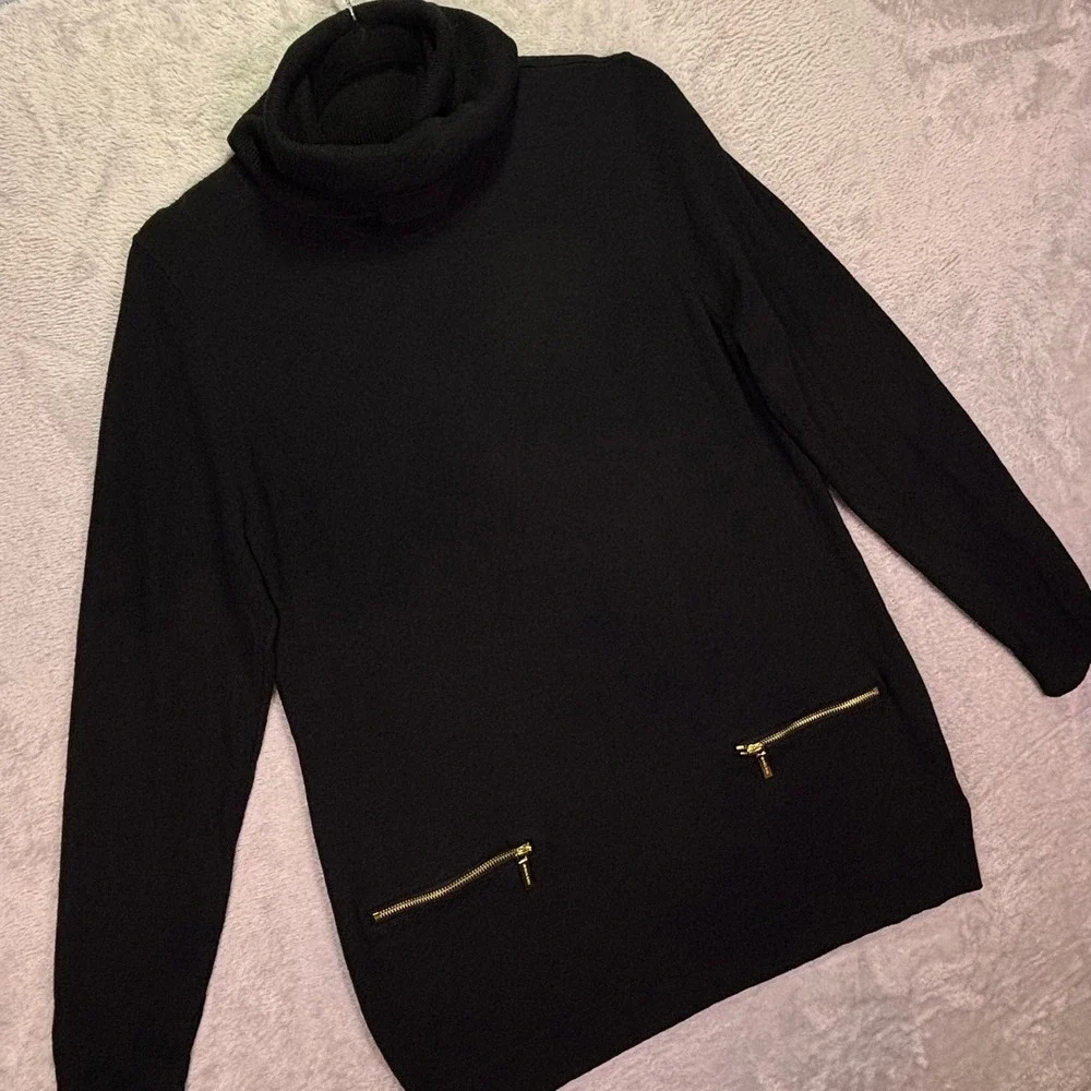 NWT Michael Kors Womens Tunic Sweater XL Black Turtleneck Gold Zipper Minimalist